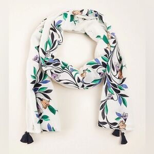Ann Taylor White Cotton Lace Eyelet Floral Navy Tassel Scarf Green Peach Purple